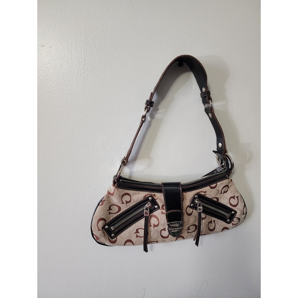 Vintage Y2K GUESS Monogram Baguette Shoulder Bag Brown Pink Patent Zip Pockets